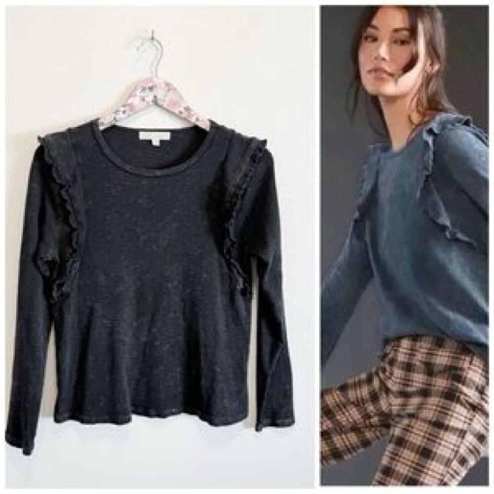 Anthropologie ERI + ALI Washed Black Ruffle Long Sleeve Top S Small